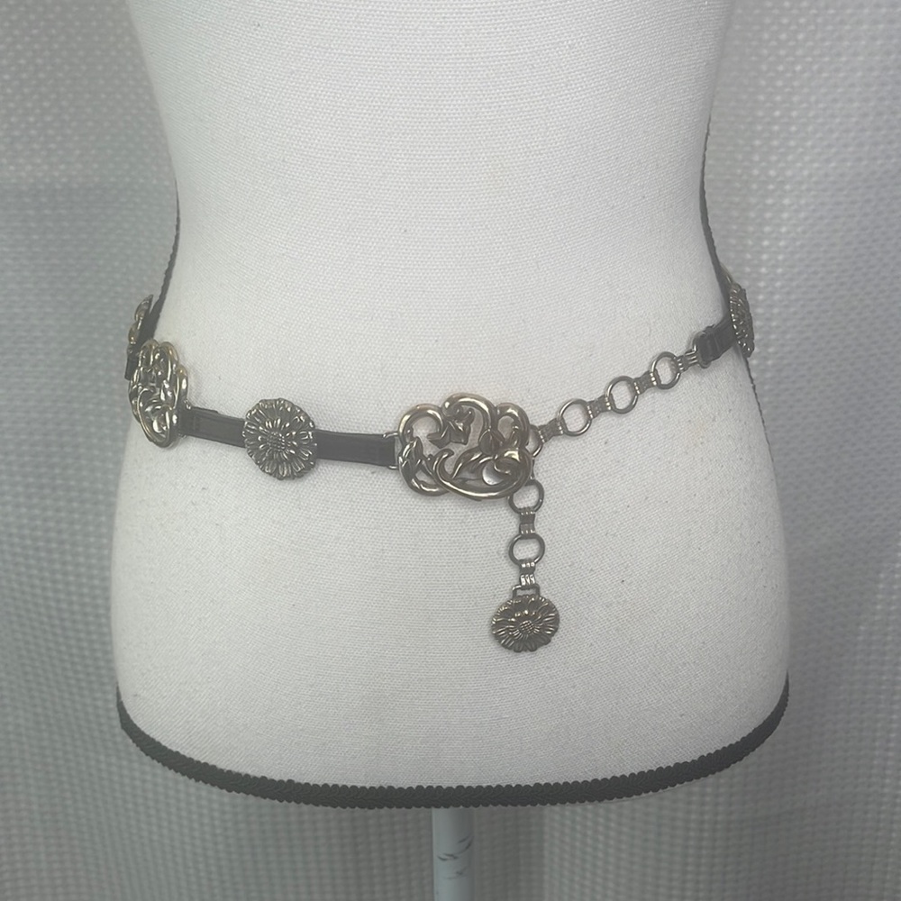 Vintage Silver & Leather Chain & Floral Conchos Statement Belt Boho Sz S